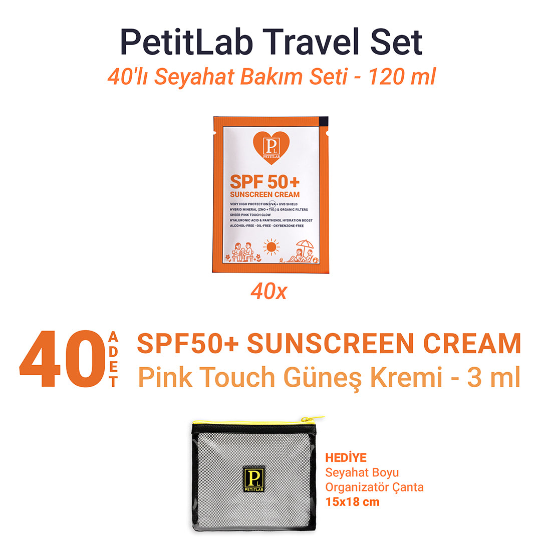 PetitLab Travel Set 40'lı Şase SPF50+ Güneş Kremi *Organizatör Çanta Hediyeli