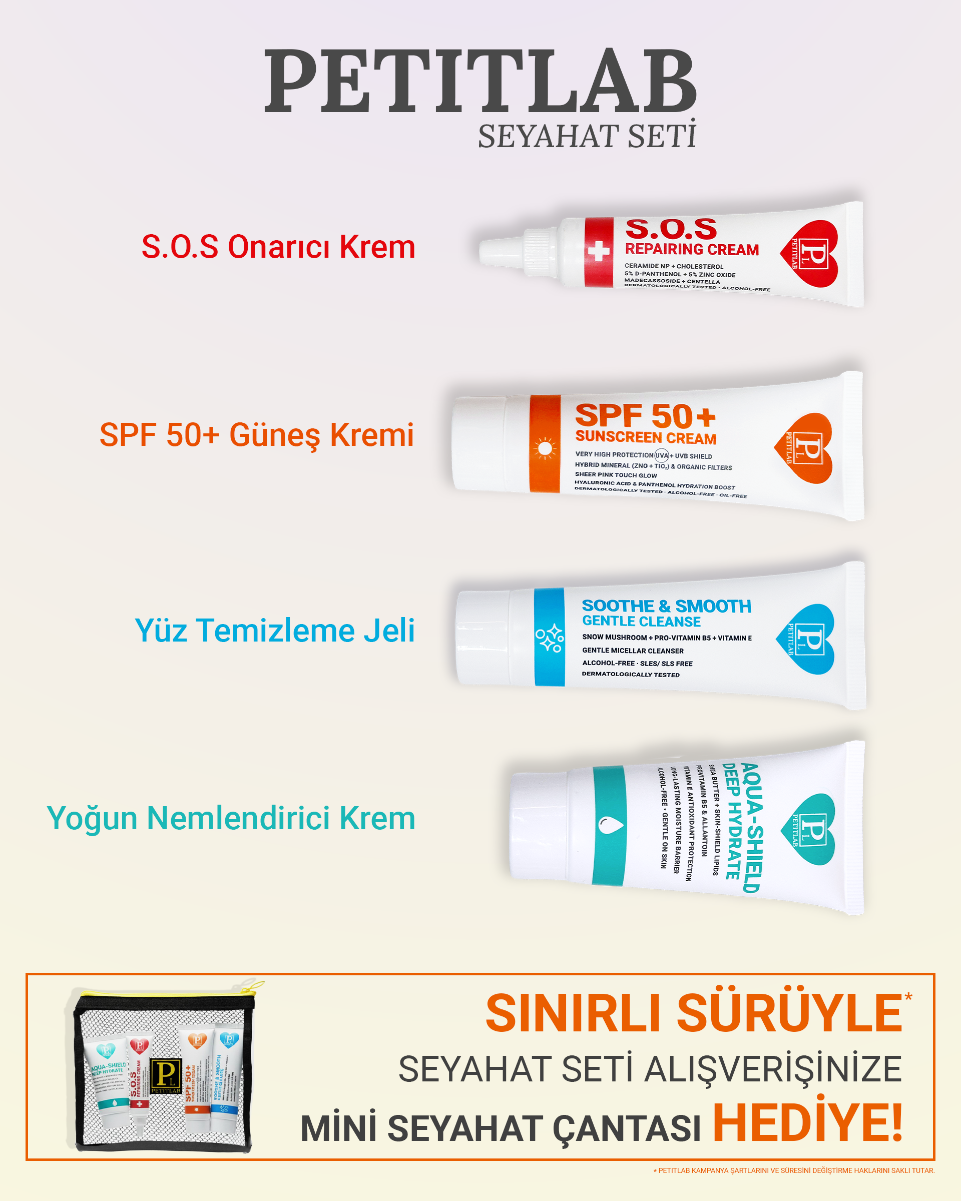 PetitLab Travel Set 4'lü Tüp + 9 Şase Seyahat Bakım Seti *Organizatör Çanta Hediyeli